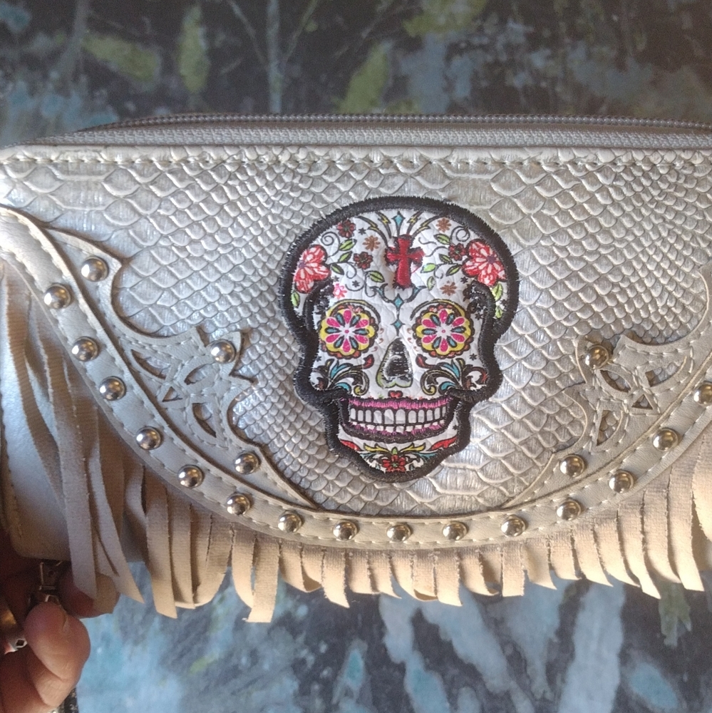 Cute Light Gray Sugar Skull Wristlet/Wallet
